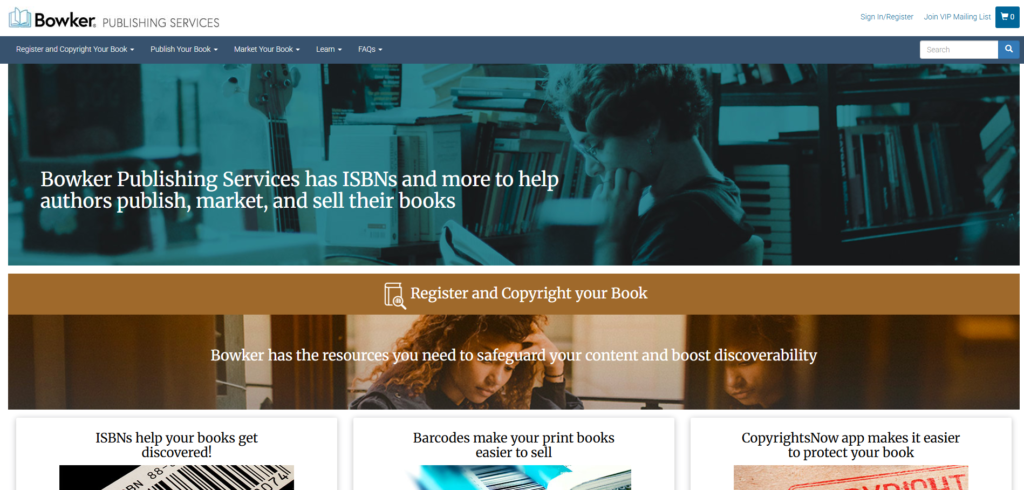 A homepage of Bowker Publishing Services